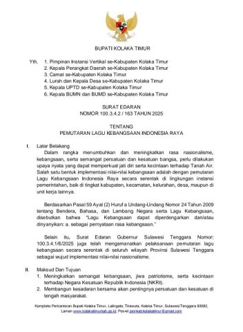 Tindaklanjuti Edaran Gubernur Soal Pemutaran Lagu Kebangsaan Indonesia Raya, Bupati juga Terbitkan Edaran yang Sama