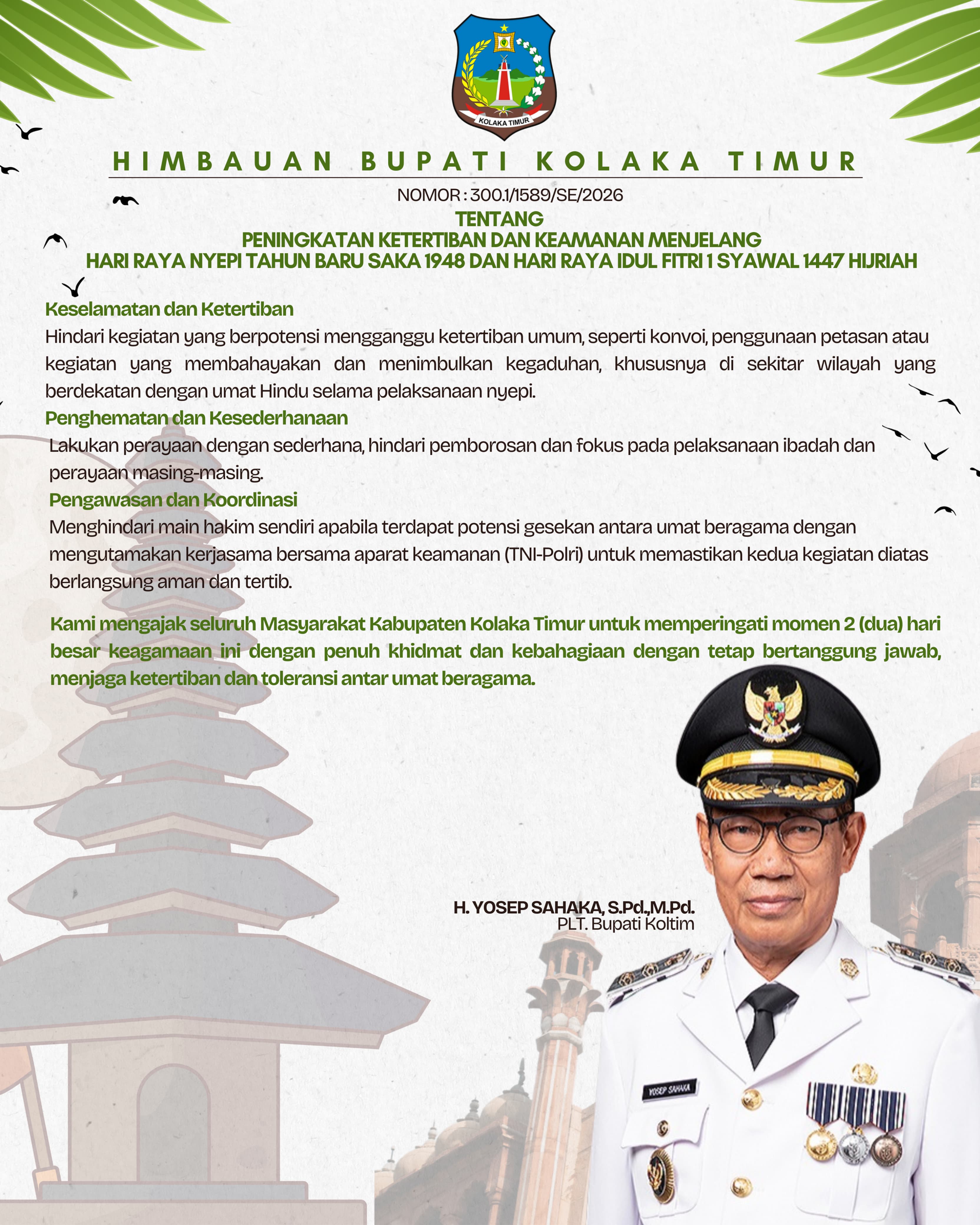 Imbauan Plt. Bupati Kolaka Timur: Jaga Ketertiban dan Toleransi Menjelang Nyepi dan Idul Fitri