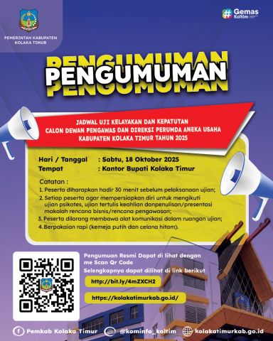Pengumuman Jadwal Uji Kelayakan Dan Kepatutan Calon Dewan Pengawas Dan Direksi Perumda Aneka Usaha Kabupaten Kolaka Timur Tahun 2025