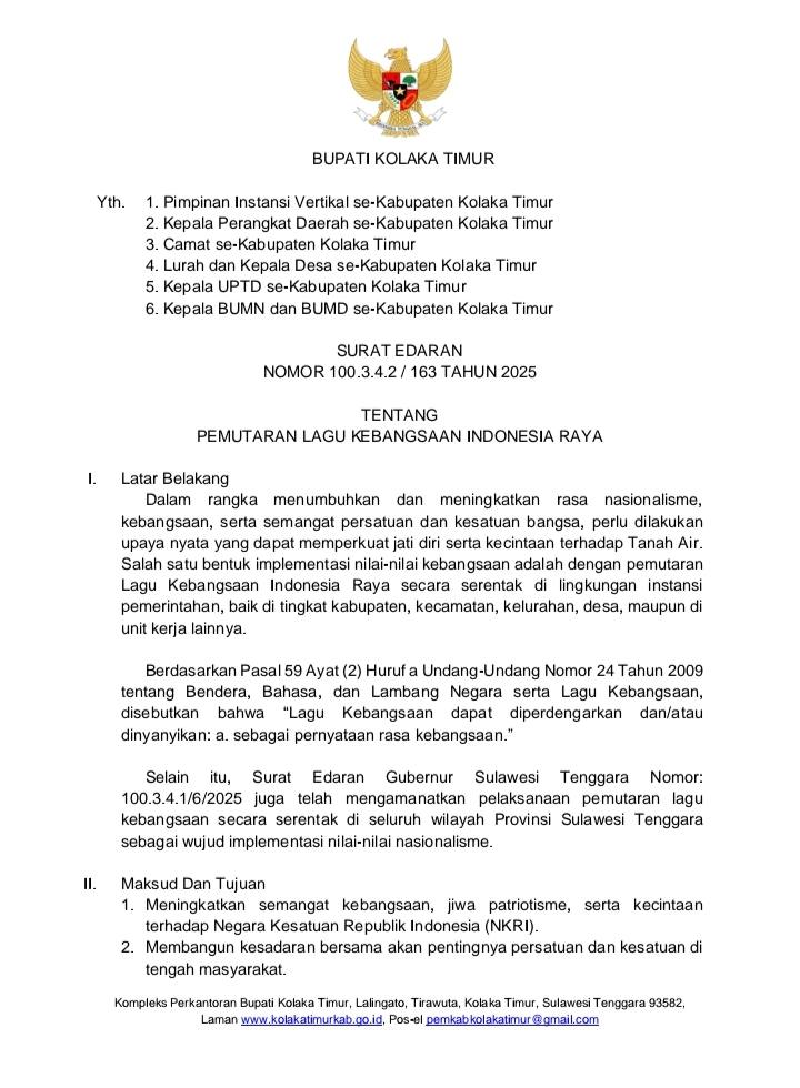 Tindaklanjuti Edaran Gubernur Soal Pemutaran Lagu Kebangsaan Indonesia Raya, Bupati juga Terbitkan Edaran yang Sama